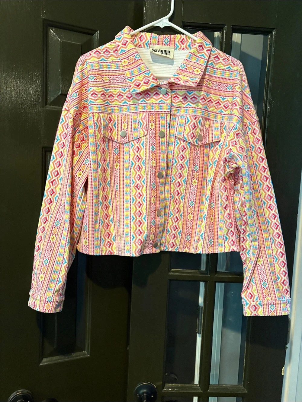 Savanna Jane Pink Multicolor Patterned Cropped Jean Jacket